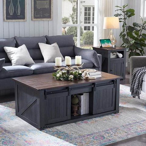 Auction Detail regarding Farmhouse Coffee Table Set With X-Side Detail And Built-In Storage, Dark Gray Hickory
